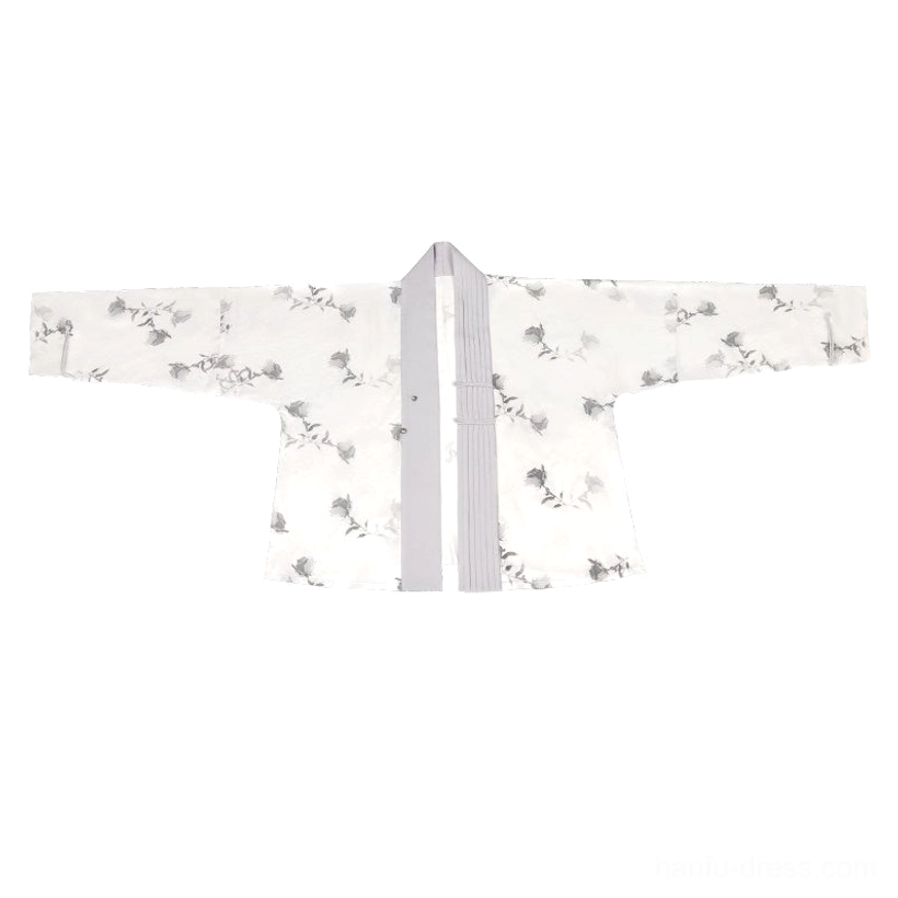 White ink floral Hanfu cross collar top with grey contrast trim and wide winged sleeves displayed flat