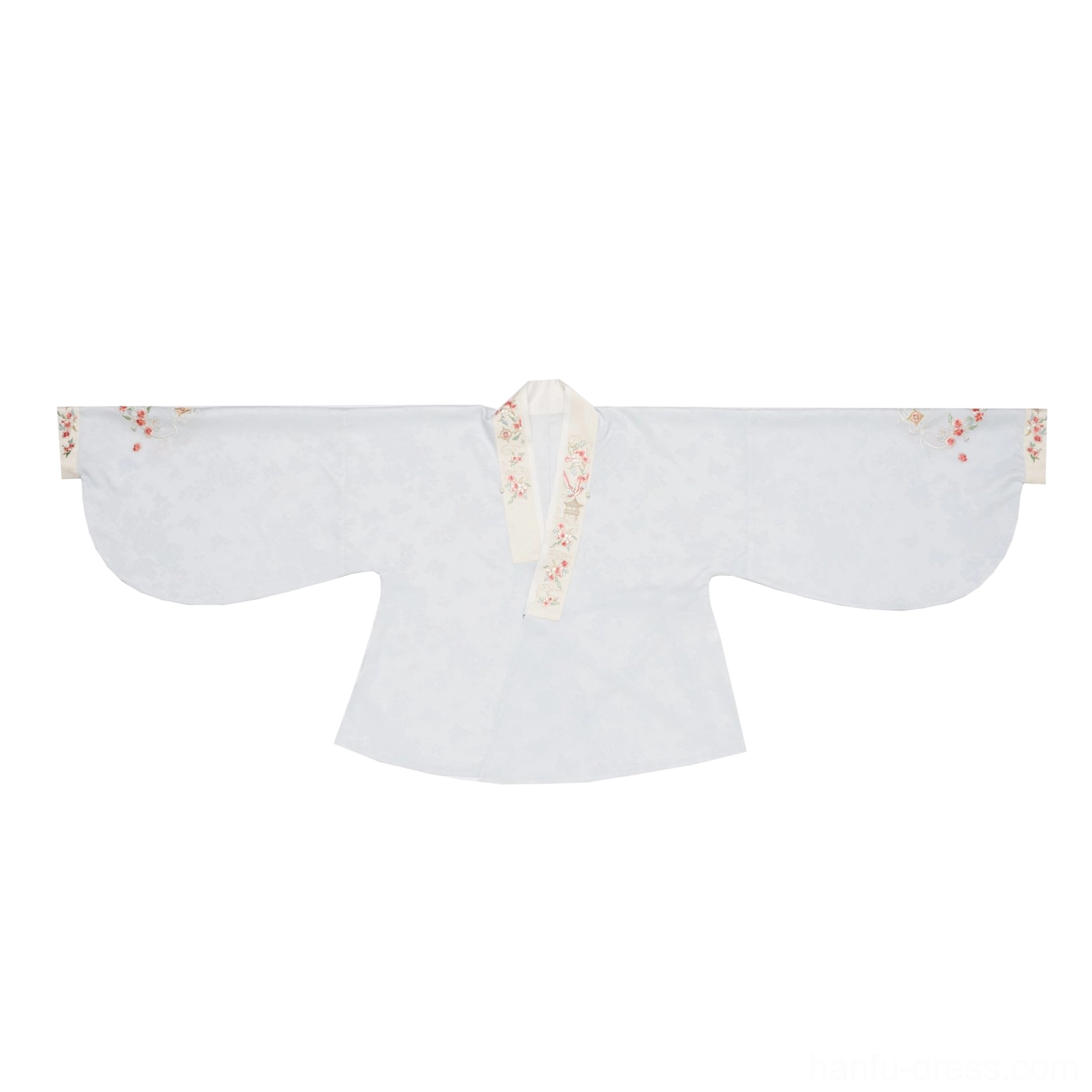 White inner pipa sleeve hanfu top with delicate floral embroidered cross collar trim and wide sleeves