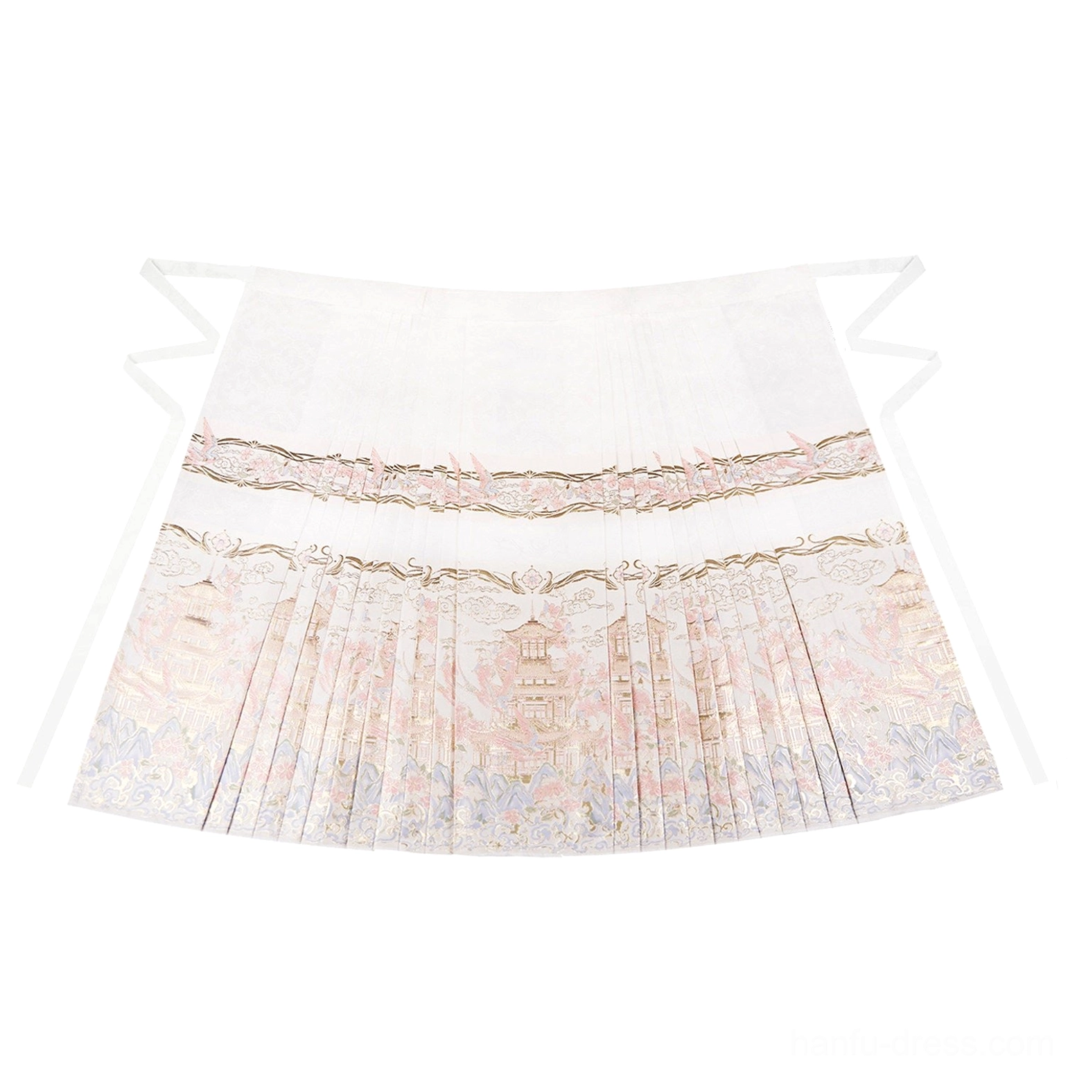 White landscape print mamianqun horse-face skirt flat lay with pleats side ties and traditional Chinese hanfu structure