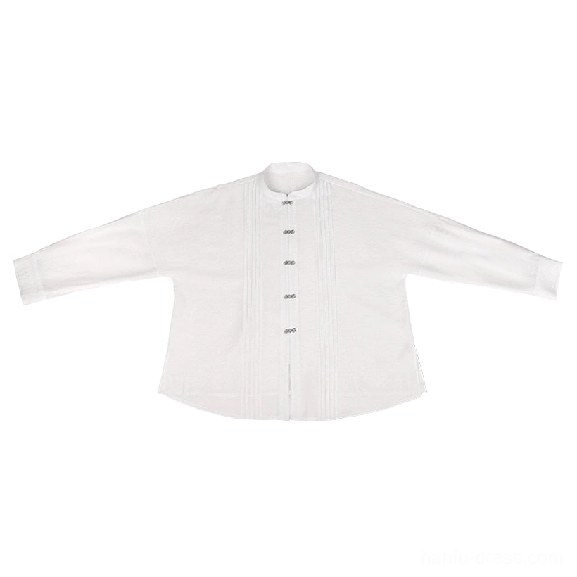 White long sleeve Chinese style stand collar Hanfu blouse with decorative buttons and pleated front detail