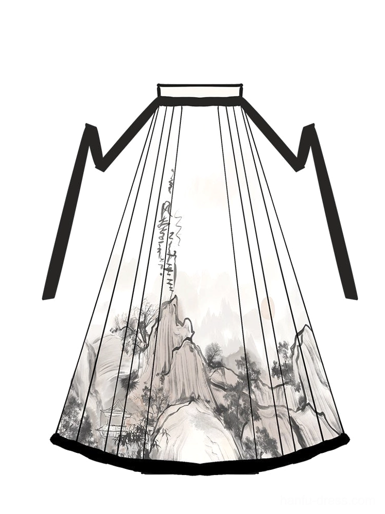 Top-down view of a white mamianqun horse face skirt with Chinese ink-wash mountain and forest print, black waist ties, and decorative hem border