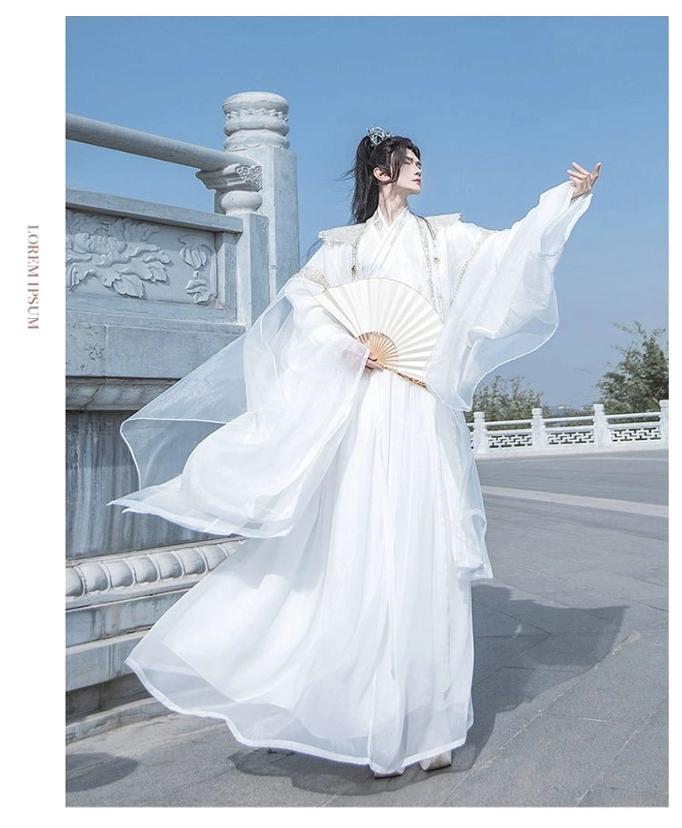 White men's xianxia hanfu set with airy sheer wide sleeves, crossover collar, flowing skirt hem, and folding fan