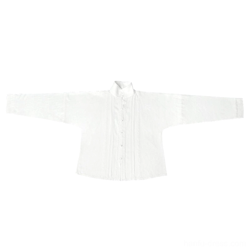 White Ming Dynasty inspired cotton Tencel pintuck Hanfu shirt flat lay showing standing collar button front and wide sleeves