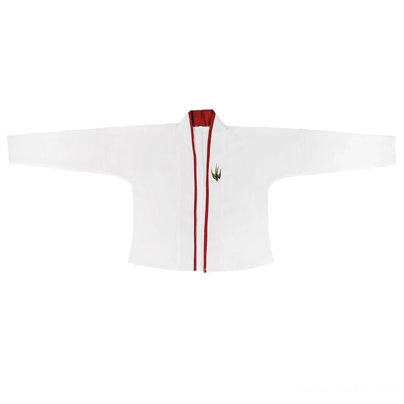 White Ming Dynasty Hanfu cross-collar top with red contrast trim and delicate bird embroidery flat lay