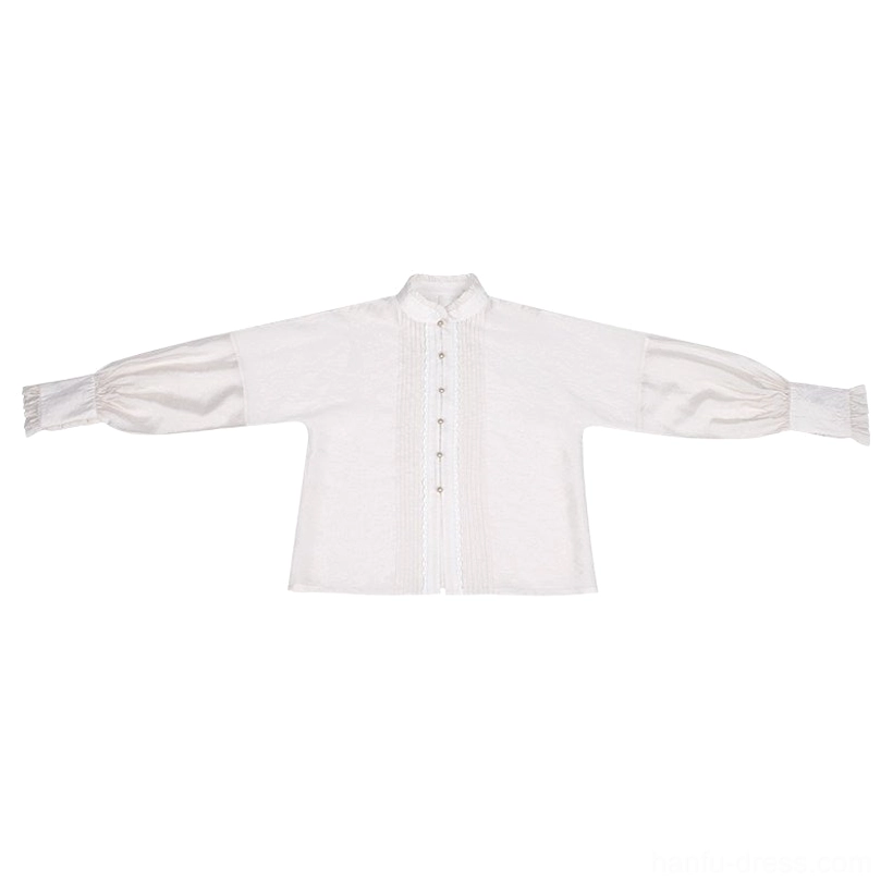 White stand-collar Hanfu long sleeve shirt with decorative front buttons, lantern sleeves, and elasticated cuffs shown in a flat lay