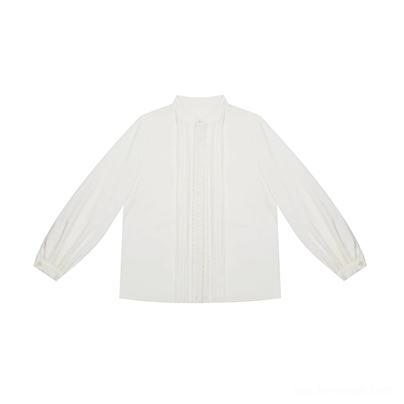 Flat lay view of a white modern Hanfu long-sleeve blouse with stand collar, front pleats, and lantern sleeves