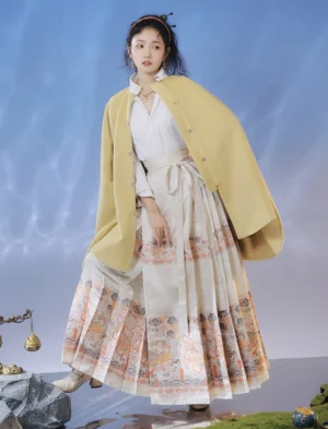 White modern mamianqun horse face Hanfu skirt with pleated silhouette, traditional Chinese cloud and qilin brocade panels, matching sash, and yellow cropped cape