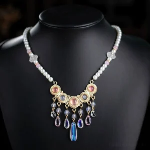White Moon Chinese necklace displayed on black mannequin with pearl chain, translucent flower charms, gold filigree pendant, and blue purple crystal tassel