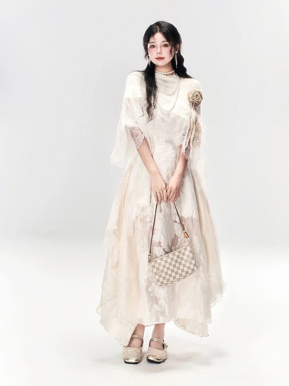 Front view of light gold floral lace modern Hanfu dress with shoulder brooch detail and asymmetric layered skirt