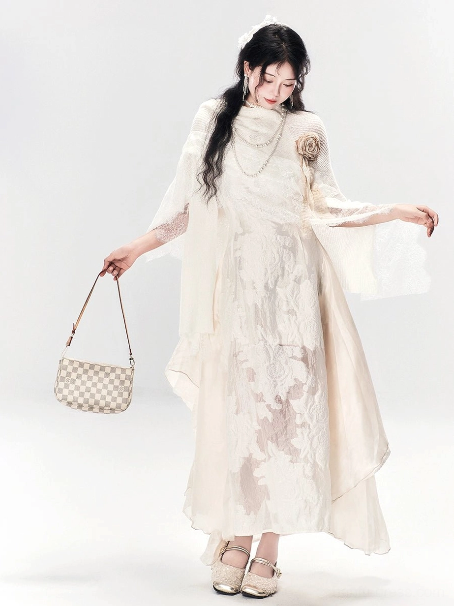 White Moonlight light gold modern Hanfu lace dress shown in a full front three-quarter view with high stand collar and flowing asymmetric hem