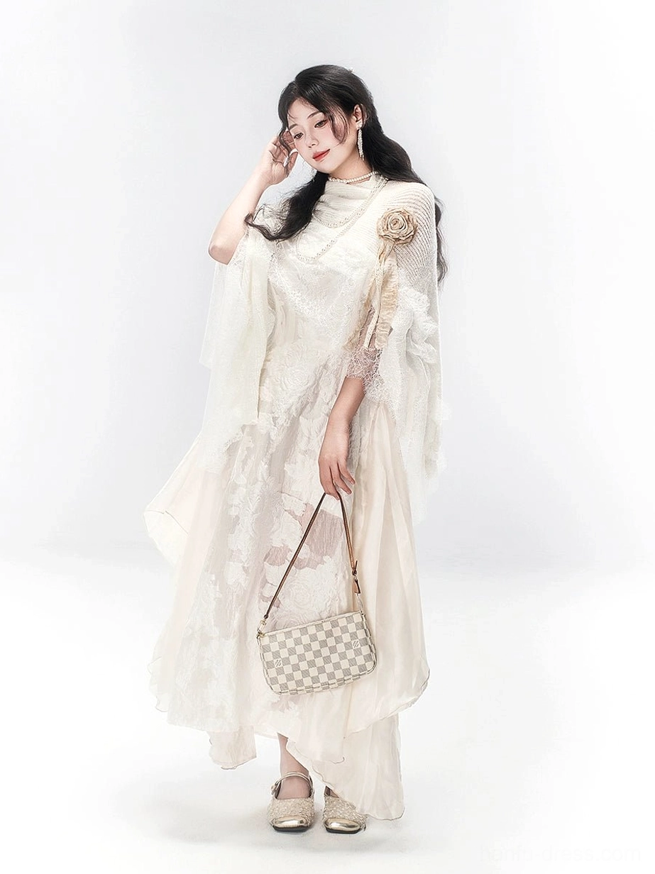 Side three-quarter view of the off-white light gold New Chinese Style lace dress with sheer flutter sleeves and floral texture