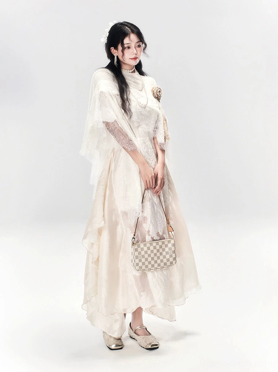 Full side view of White Moonlight modern Hanfu dress featuring a high collar, layered sheer skirt, and elegant long silhouette
