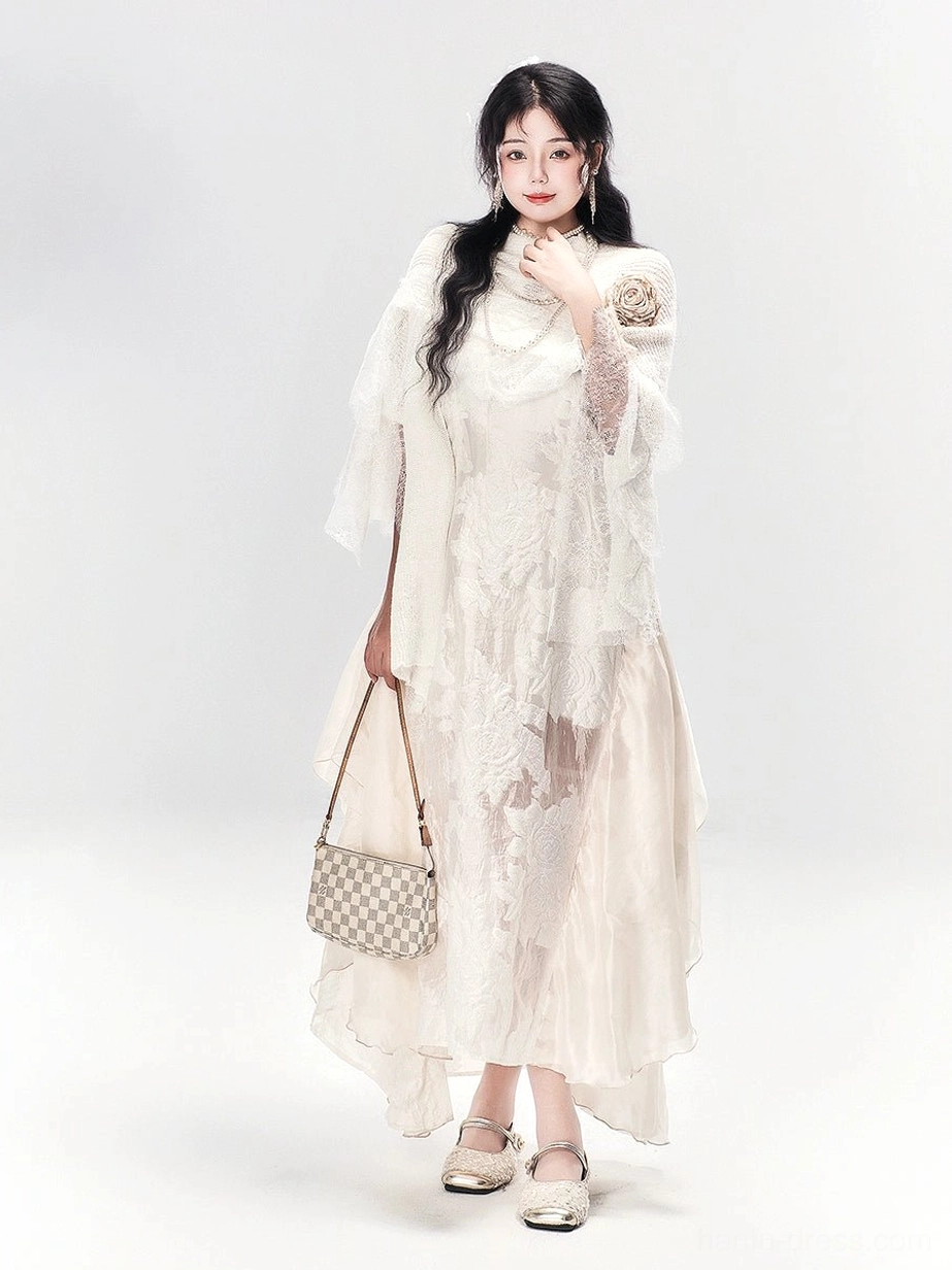 White Moonlight New Chinese Style light gold dress styled with a high stand collar, sheer lace bodice, and long flowing skirt