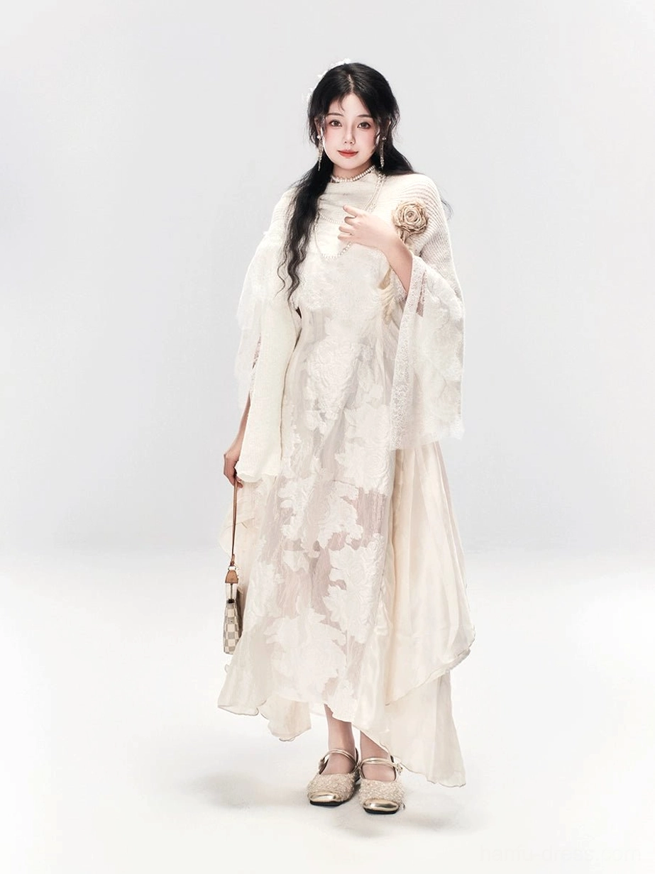 White Moonlight off-white New Chinese Style dress with wide sheer sleeves, floral lace pattern, and decorative shoulder accent