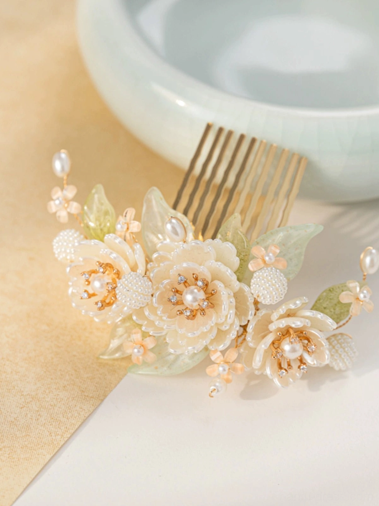 Large white peony Hanfu hair comb ornament with clustered flowers, faux pearls, pale green leaves, and gold-tone comb base