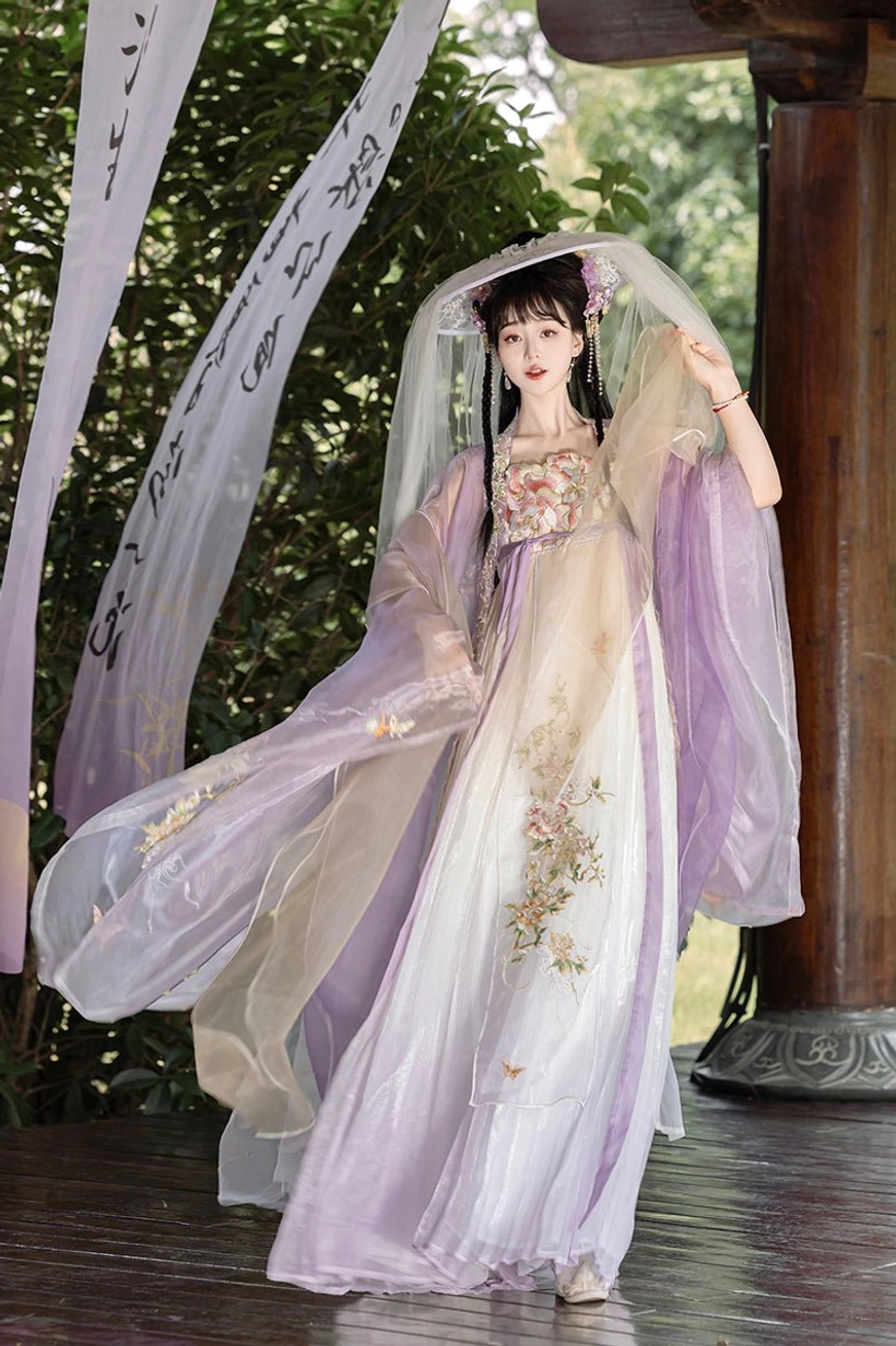 White Peony Tang Dynasty Hanfu Heziqun dress complete set with embroidered gown, wide-sleeve sheer cape, and coordinating sash