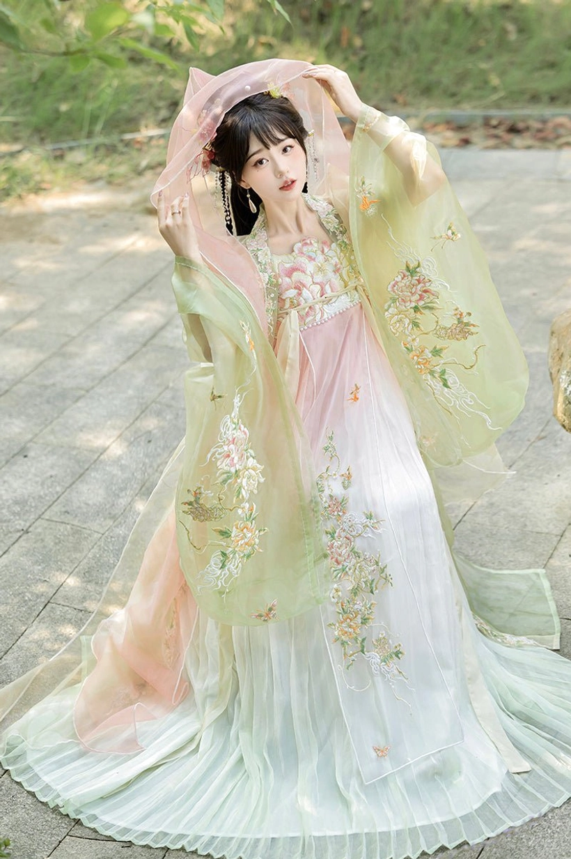 Pink and light green gradient Tang Dynasty Hanfu dress with full floral embroidery, sheer cape, and long trailing skirt hem