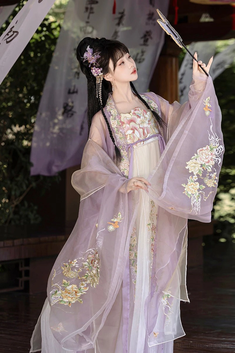 Purple gradient White Peony Tang Dynasty Hanfu Heziqun complete set with golden floral embroidery and sheer cape
