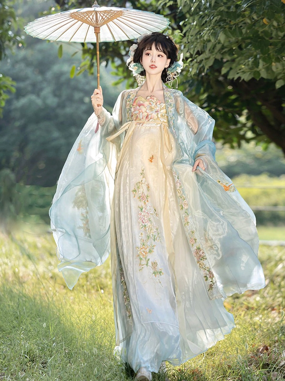Off-white and light blue Tang Dynasty Hanfu dress with delicate floral embroidery and matching sheer organza outer cape
