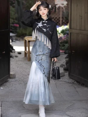 White Plum modern Hanfu cheongsam sundress with black embroidered crane and plum blossom drape shown from the front in a traditional courtyard