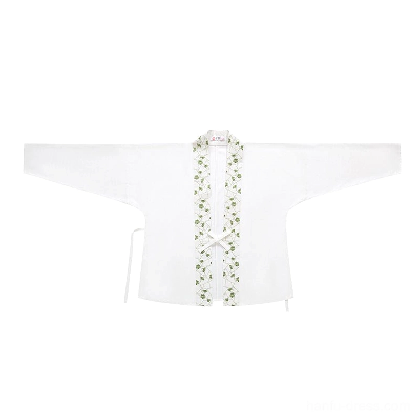White cross-collar Song Dynasty Hanfu top shown flat with green floral collar embroidery and traditional front tie fasteners