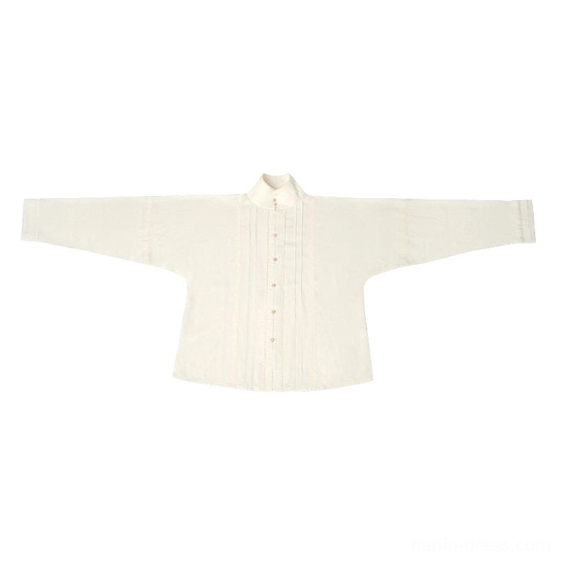 Flat lay of white Song Dynasty hanfu long sleeve top with stand collar pleated front placket and round buttons