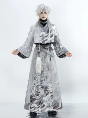 White Tiger Hanfu inner outfit with cropped tiger pattern jacket, high waist wrap skirt, pearl pendant, and layered metal waist belts