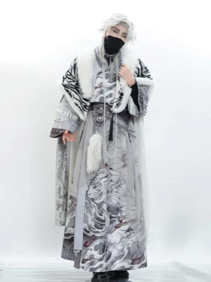 White Tiger youthful Hanfu complete outfit with tiger cloud print, white fur trim cloak, layered skirt, and silver waist accessories front view