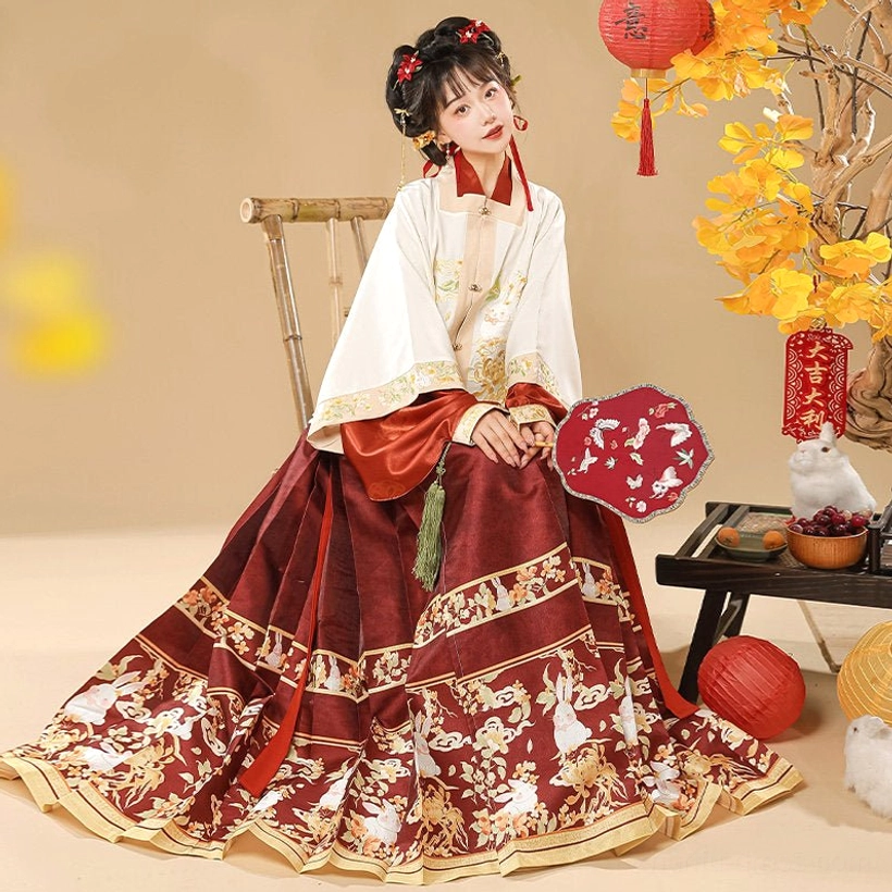 Seated model wearing white and wine red Ming Dynasty Hanfu embroidered jacket and rabbit mamian skirt