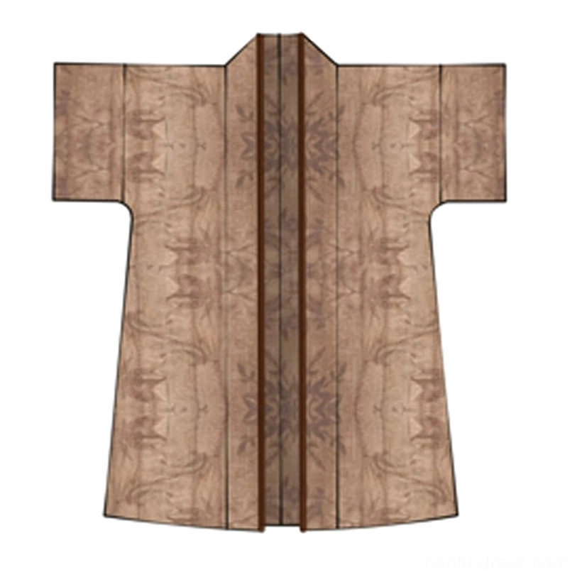 Flat lay design view of a wide half-sleeve modern Chinese Hanfu cardigan with earthy ink-wash print and brown border trim