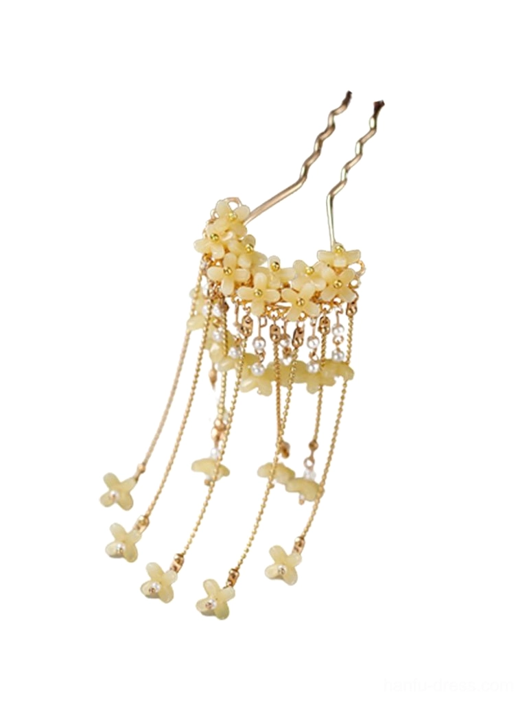 Full front view of wind chimes floral tassel Hanfu hair fork with creamy blossoms, long gold tone chain tassels, and double hair pin