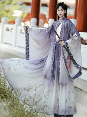 Dynamic side front view of purple and ivory Wei Jin style male Hanfu with flowing wide sleeves, cloud embroidery and wuxia sword prop