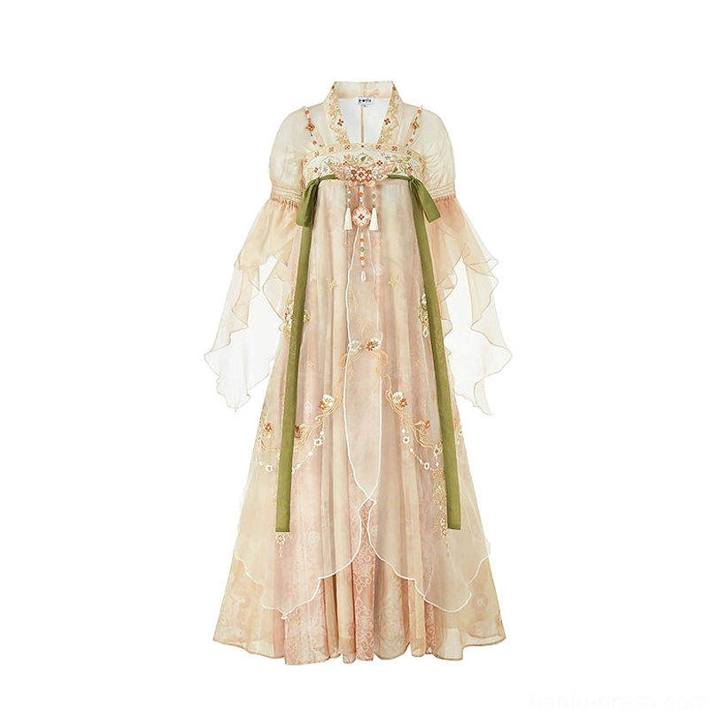 Flat lay display of a complete Tang Dynasty qixiong ruqun Hanfu set with apricot gradient organza-style fabric, floral chest decoration, green waist ribbons, flutter sleeves, and floor-length skirt