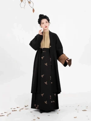 Modern Song-style Hanfu three-piece outfit with black long jacket beige standing-collar blouse and black pleated mamianqun horse face skirt with golden butterfly motifs