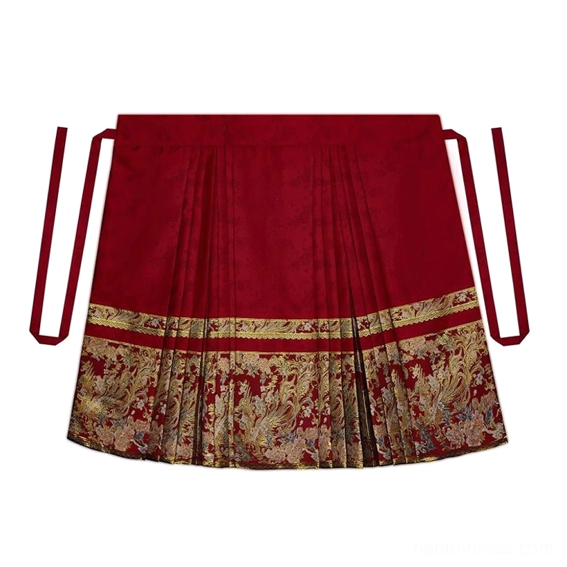 Wine-red bridal mamian skirt flat lay with pleated panels side tie straps and wide gold brocade hem for Ming Dynasty Hanfu wedding styling