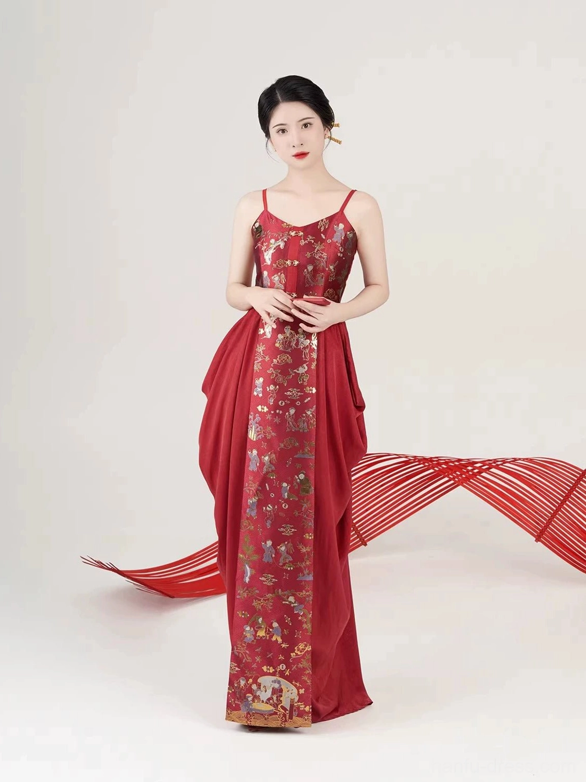Full length wine red bridal slip dress with draped side detail and traditional Chinese inspired woven pattern