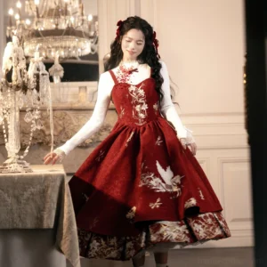 Wine red Chinese New Year dress with gold embroidery and white turtleneck knit top in a candlelit dining room
