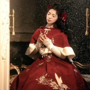 Wine red hooded cloak and embroidered Chinese New Year dress set with white faux fur trim seated winter portrait