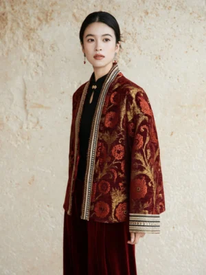Front three-quarter view of a relaxed Chinese-style Hanfu outer jacket in rich wine red floral jacquard fabric with decorative embroidered borders
