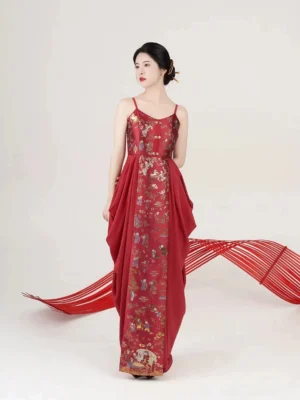 Wine red Chinese wedding bridal spaghetti strap slip dress with traditional auspicious jacquard-style pattern front view