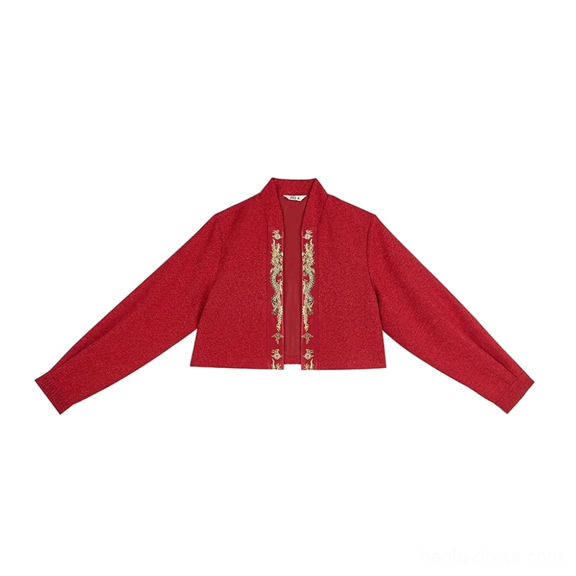 Wine red cropped bridal coat for modern Hanfu wedding outfit with stand collar long sleeves and gold trim
