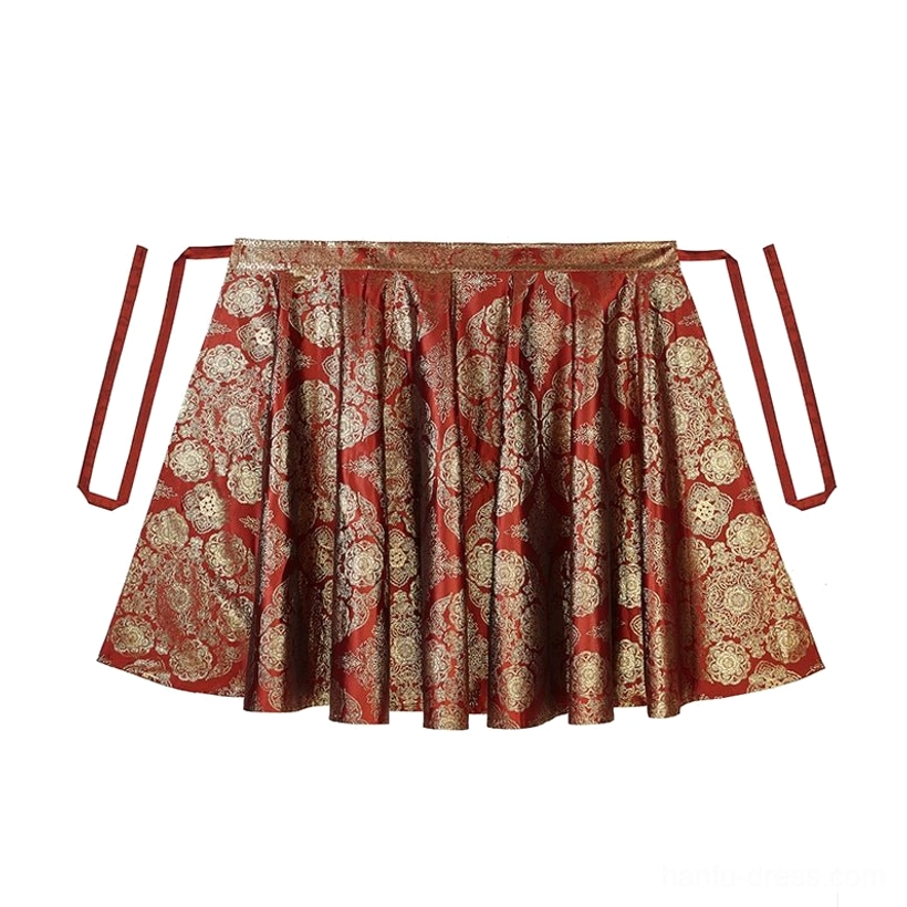 Wine red eight-panel Hanfu wrap skirt flat lay with gold circular floral motifs pleats and long tying sashes