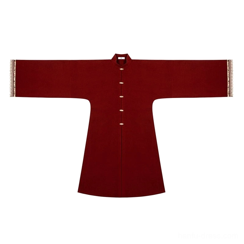 Wine red Ming Dynasty Hanfu robe with stand collar round front buttons wide sleeves and contrasting light brown sleeve trim