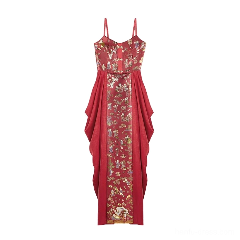 Wine red modern Hanfu bridal slip dress flat lay with spaghetti straps draped side panel and auspicious pattern