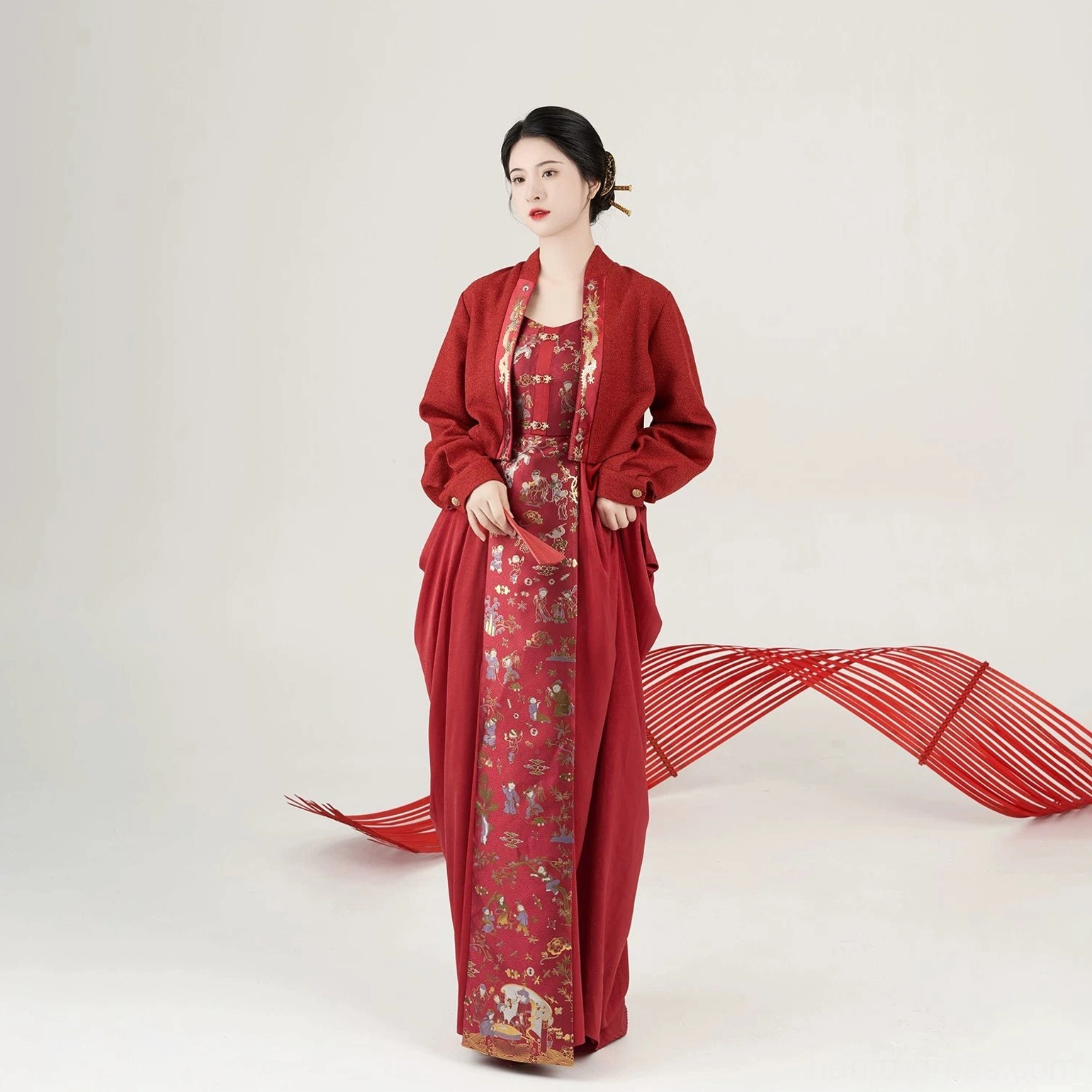 Wine red modern Hanfu bridal tea ceremony full set with patterned slip dress and cropped outer coat front view