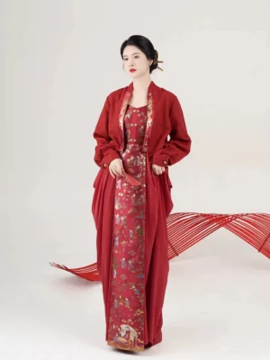 Wine red modern Hanfu bridal tea ceremony slip dress and cropped coat full set front view in minimalist studio