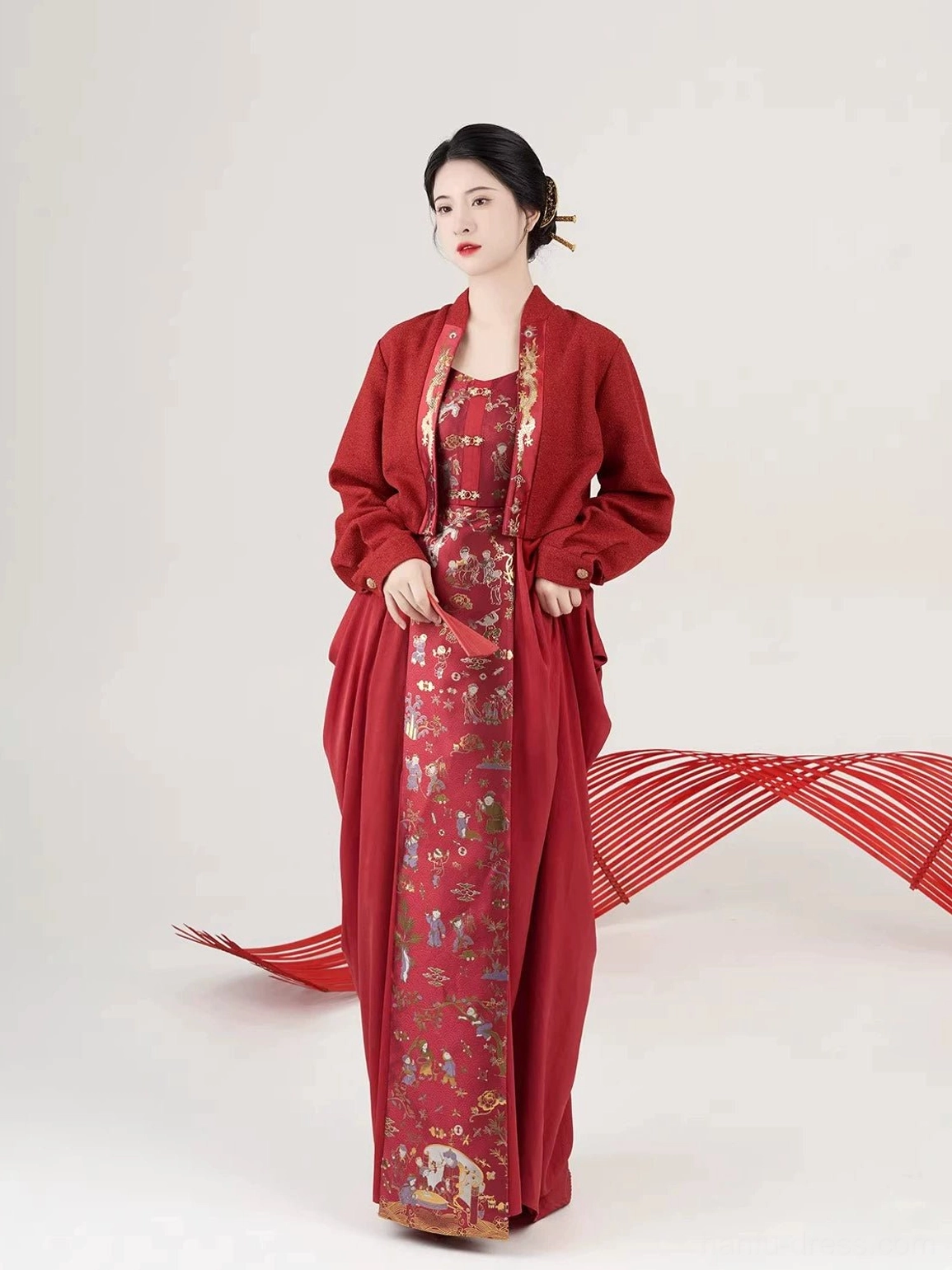 Wine red modern Hanfu bridal tea ceremony slip dress and cropped coat full set front view in minimalist studio