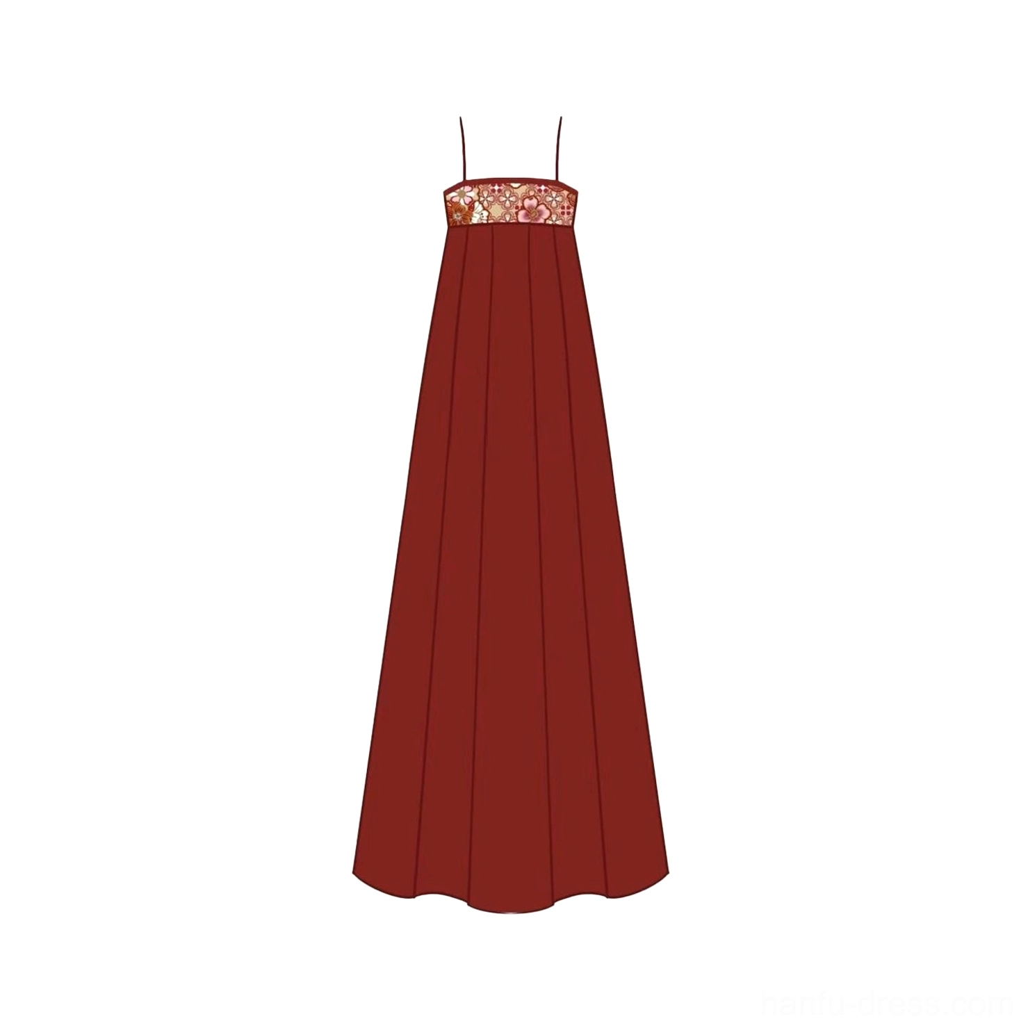 Flat lay view of the wine-red A-line modern Hanfu slip dress with camisole straps, embroidered neckline trim, and long flowing silhouette