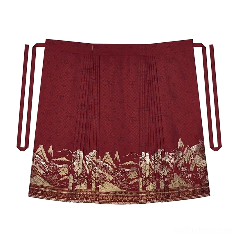 Wine-red pleated mamian skirt flat lay with side ties and golden traditional Chinese landscape jacquard hem