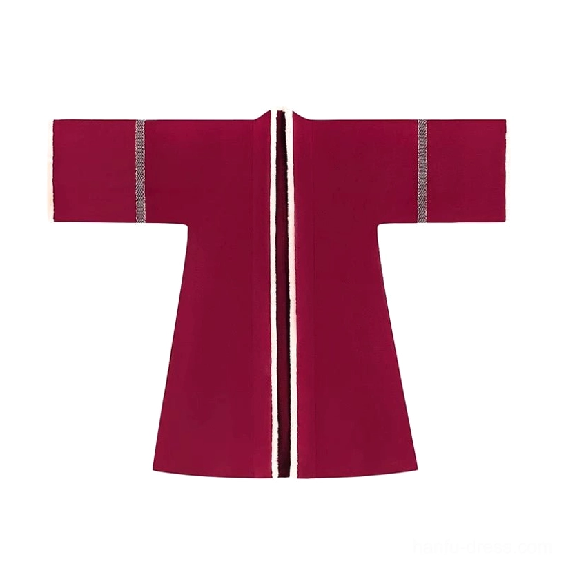 Flat lay of a wine red Song Dynasty outer hanfu robe with beige fuzzy trim, striped sleeve bands, wide sleeves, and cross-opening front